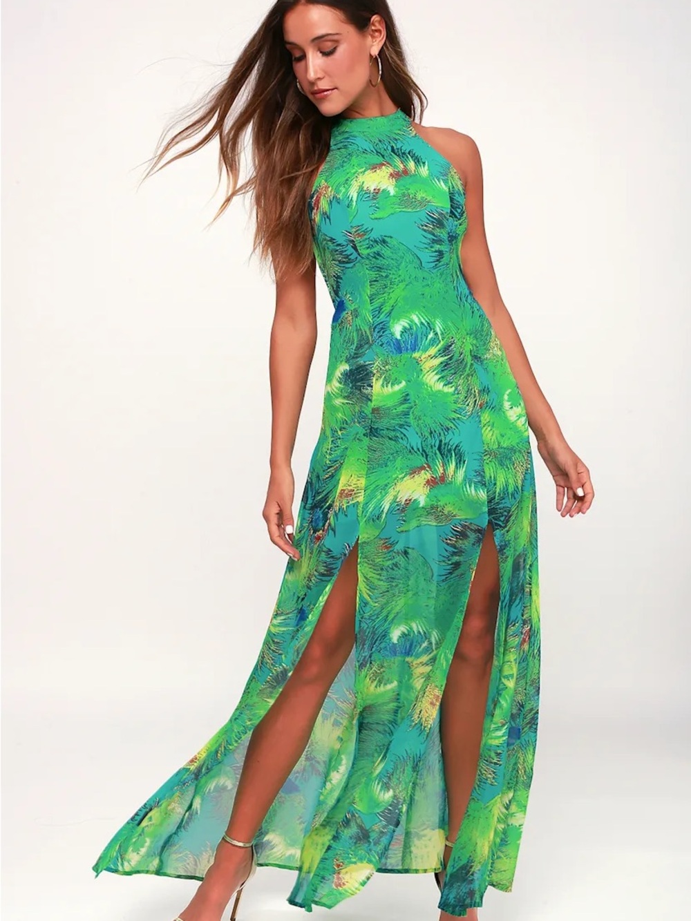 Lulus Tropic of Discussion Green Tropical Halter Maxi Dress